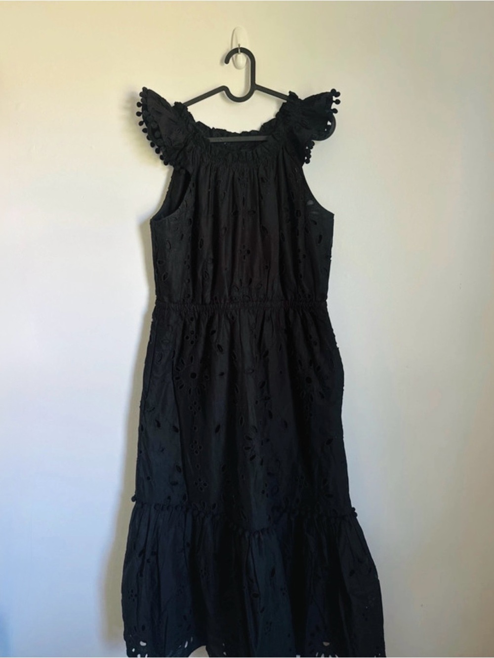 J. Crew Black Eyelet Maxi Dress with Pom-Pom Ruffle Shoulders